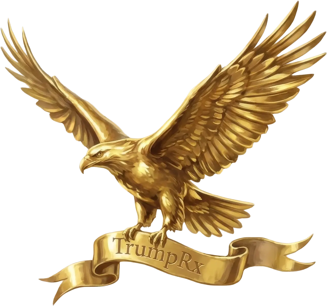 Majestic golden eagle with powerful spread wings, sharp talons gripping a flowing gold banner, banner inscribed with 'TrumpRx' in elegant serif font